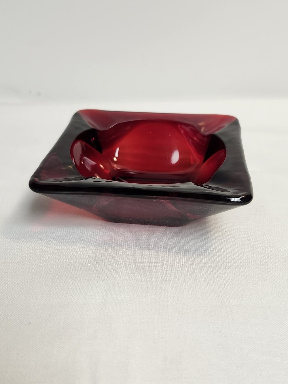 Vintage Deep Ruby Red Heavy Glass Ash Tray 4 Slot 3 1/2"  Square
